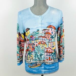Talbots Women’s SZ M Blue Scenic Print Button Cardigan Cotton Rayon Sweater